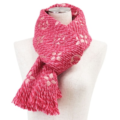 【極美品】LOUIS VUITTON ルイ・ヴィトン マフラー エシャルプ ロゴマニア M78706 LV モノグラム ウール / シルク スカーフ 小物 箱付属 メンズ レディース ユニセックス ピンク 桃色 イタリア製