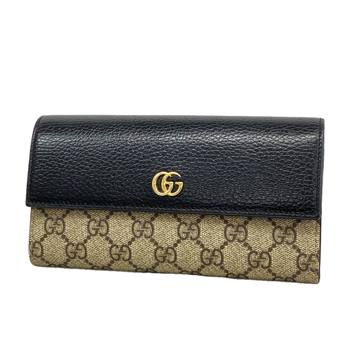 【6id5086】グッチ 長財布 GGスプリーム 456116 PVC ブラック ブラウン ゴールド金具【中古】レディース