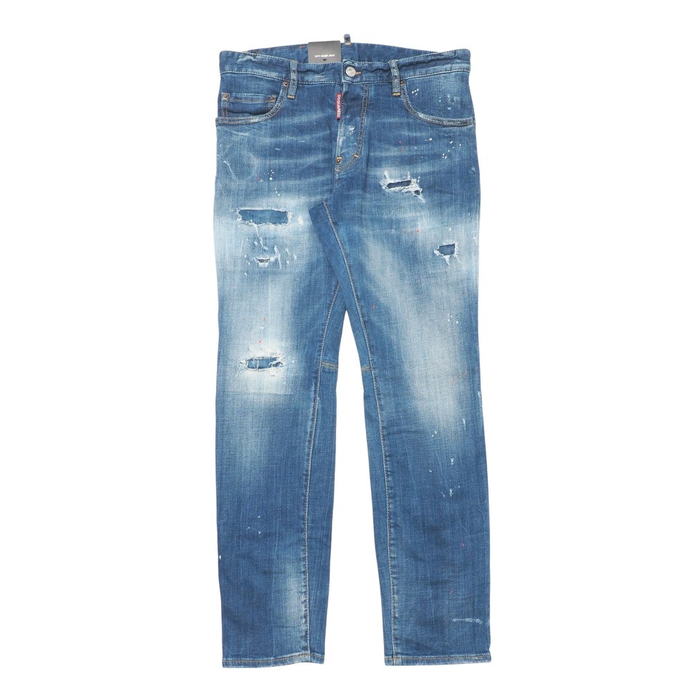 ■未使用品■DSQUARED2 ディースクエアード CITY BIKER JEAN シティ バイカー ジーン デニムパンツ サイズ46 ダメージ加工 ペイント クラッシュデニム テーパード レザーロゴ イタリア製 20250714/RA5420