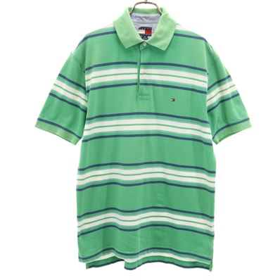 TOMMY HILFIGER トミーヒルフィガー 90s オールド フラッグタグ ボーダー柄 半袖 ポロシャツ S グリーン 鹿の子