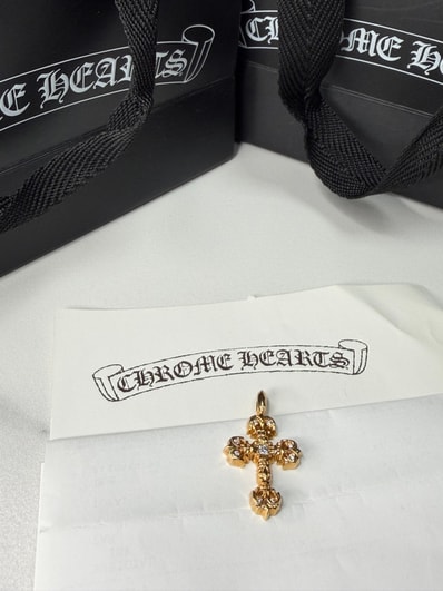 Chrome Hearts 22K Tiny Philigrey Cross Charm Pave Diamonds "Yellow Gold"