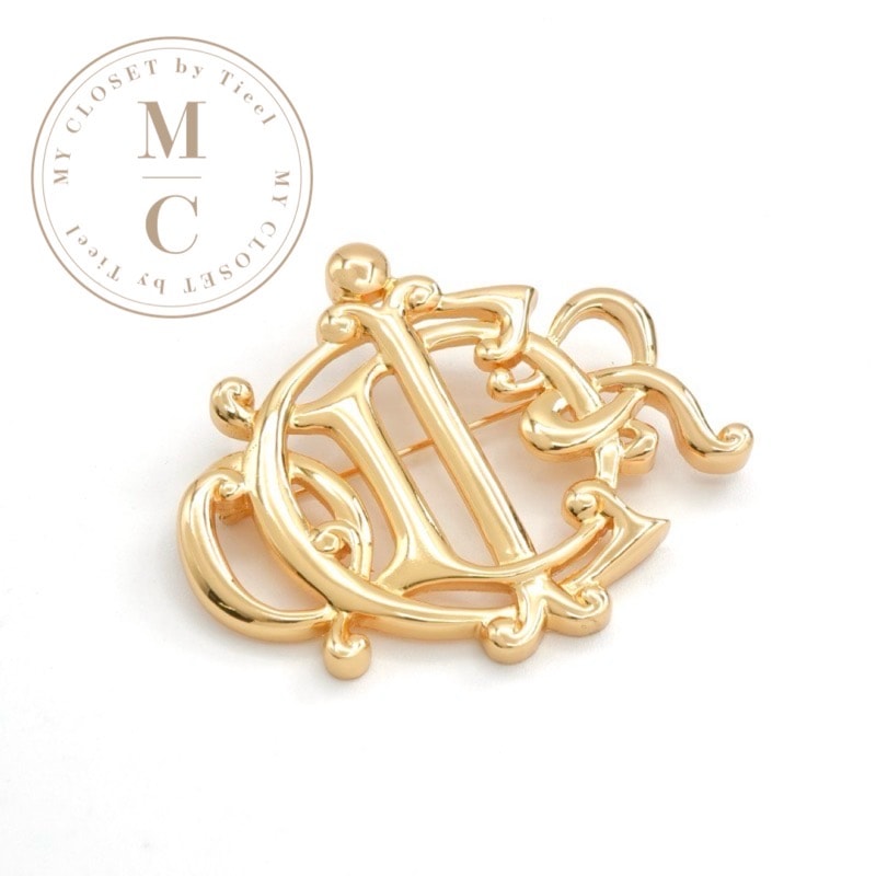 クリスチャンディオール CHRISTIAN DIOR ブローチ コサージュ ゴールド エンブレム ロゴ ラインストーン