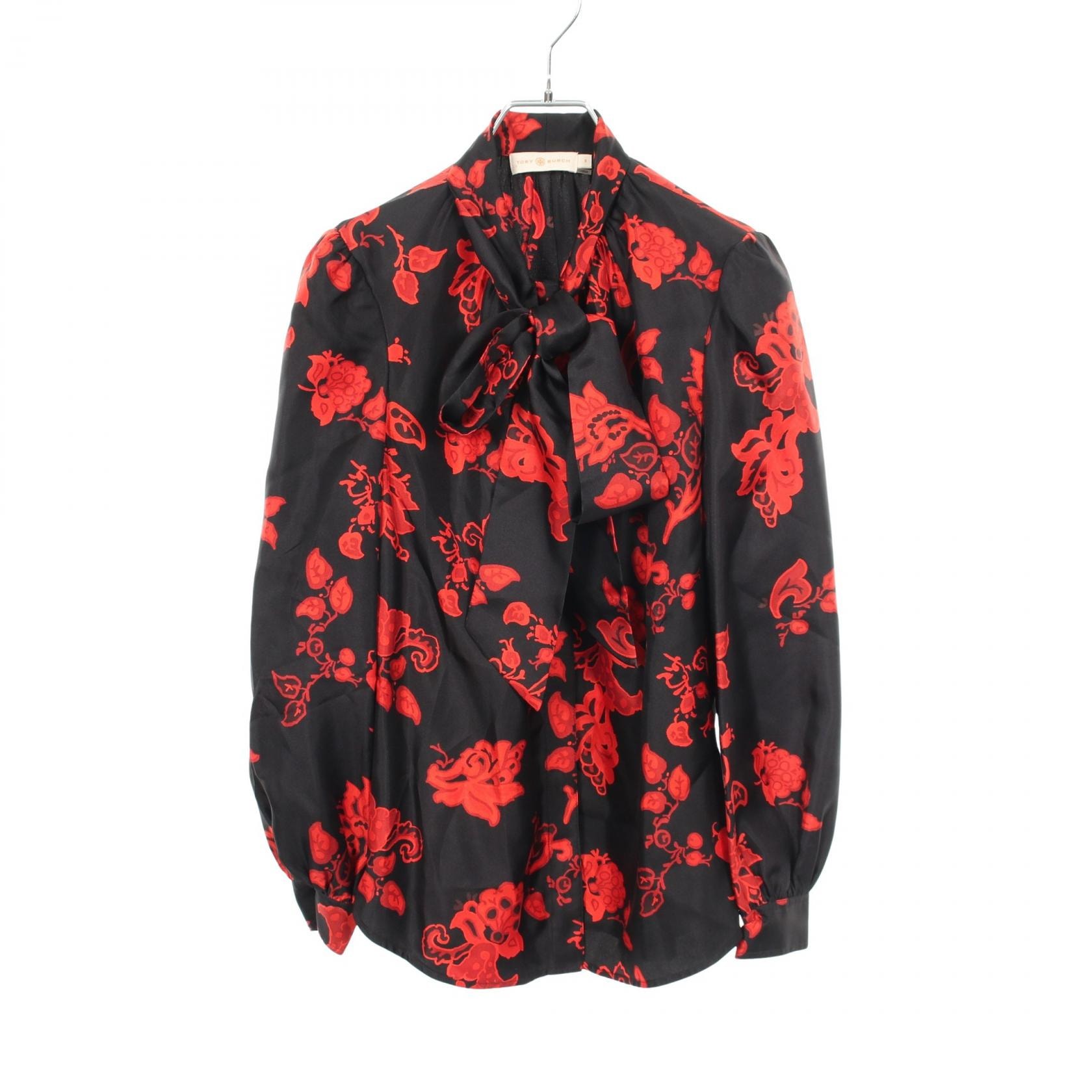 トリーバーチ Tory Burch フラワー ボウタイ ブラウス 衣料品 トップス シルク レディース ブラック系 / レッド系 【中古】