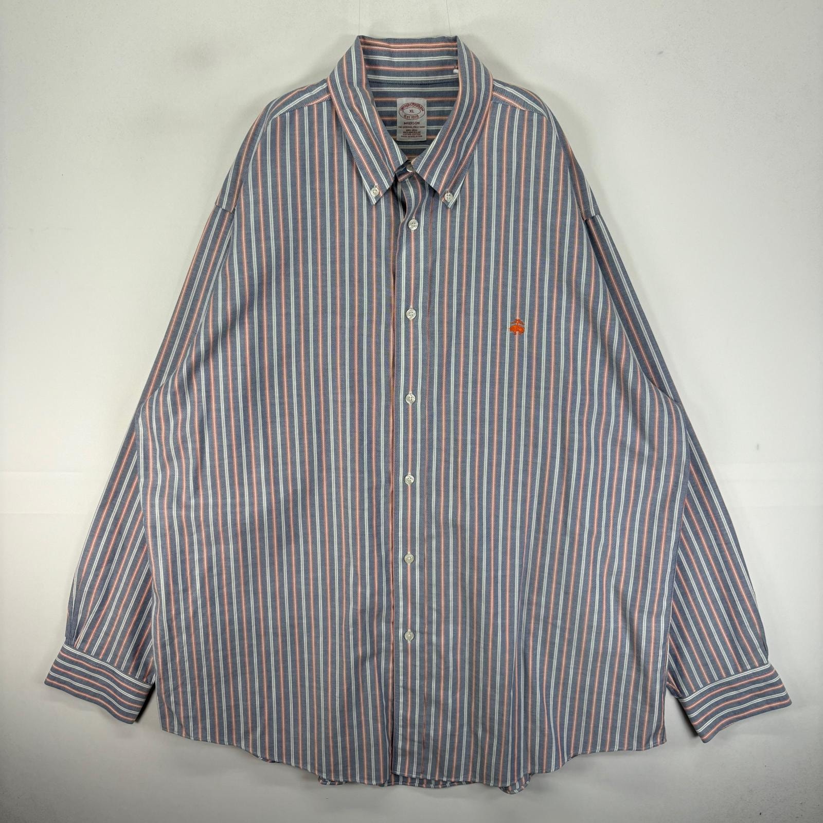 古着 ブルックスブラザーズ Brooks Brothers 長袖シャツ ボタンダウン ワンポイント XL  ネイビー系 ストライプ メンズ