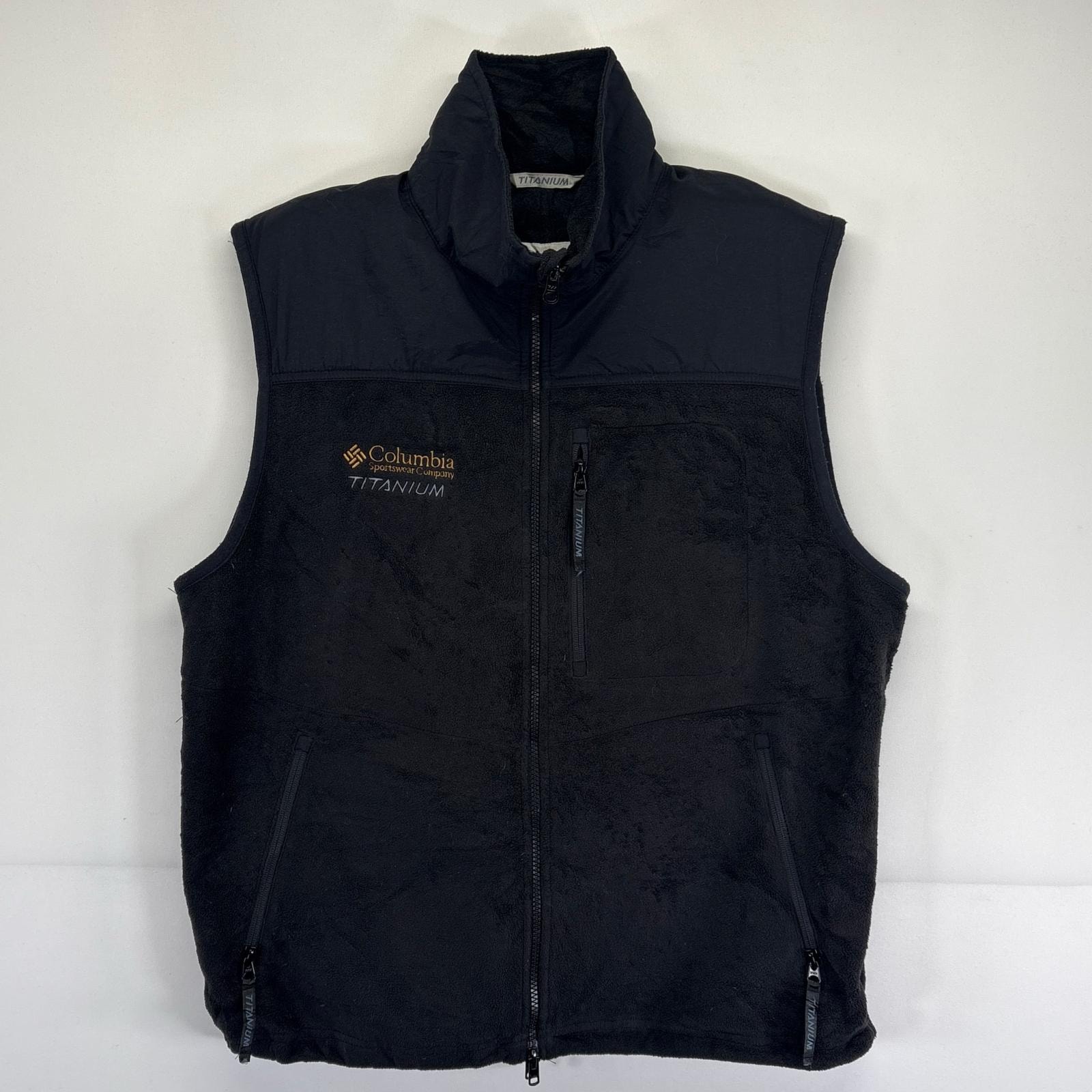 古着 コロンビア Columbia ベスト フルジップ フリース ワンポイントロゴ ナイロン切り替え アウトドア L  ブラック メンズ