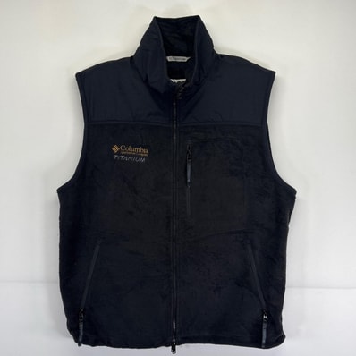 古着 コロンビア Columbia ベスト フルジップ フリース ワンポイントロゴ ナイロン切り替え アウトドア L ブラック メンズ