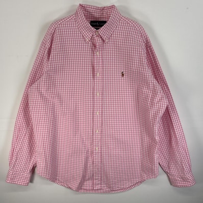 古着 90's/90年代 ラルフローレン RALPH LAUREN 長袖シャツ ロゴ 刺繍 ボタンダウンシャツ 大きいサイズ XL ピンク系 チェック メンズ
