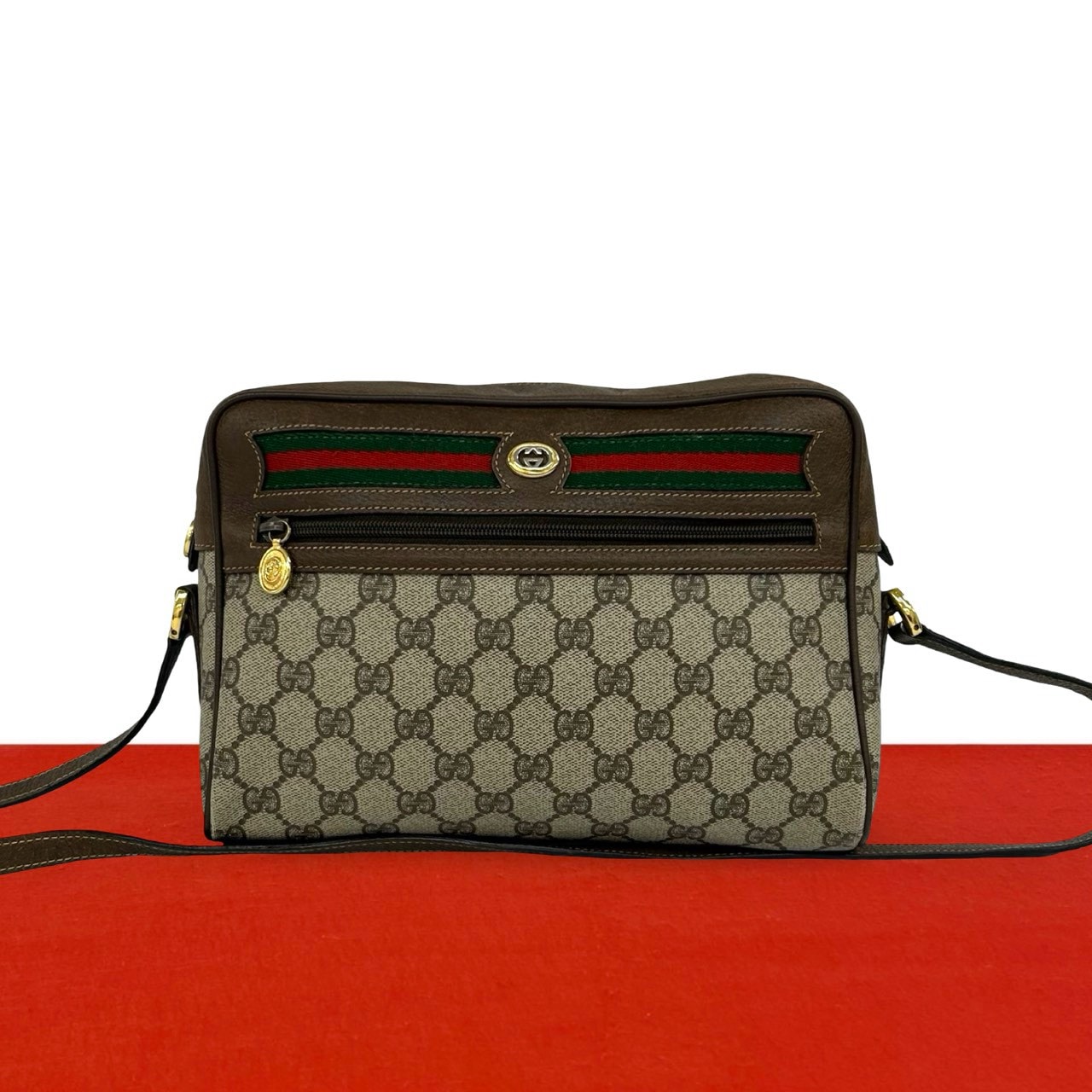 GUCCI グッチ シェリーライン GG ロゴ 柄 金具 レザー PVC ショルダーバッグ ブラウン
 14793