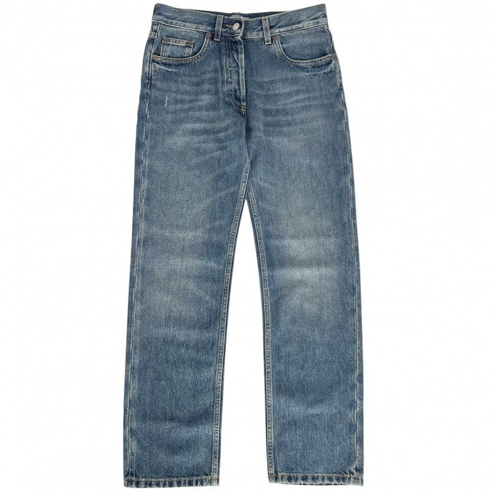 PRADA プラダ パンツ トライアングルロゴ ボトムス アパレル 服 GFP469 ブルー 青 シルバー金具 レディース 美品【中古品】