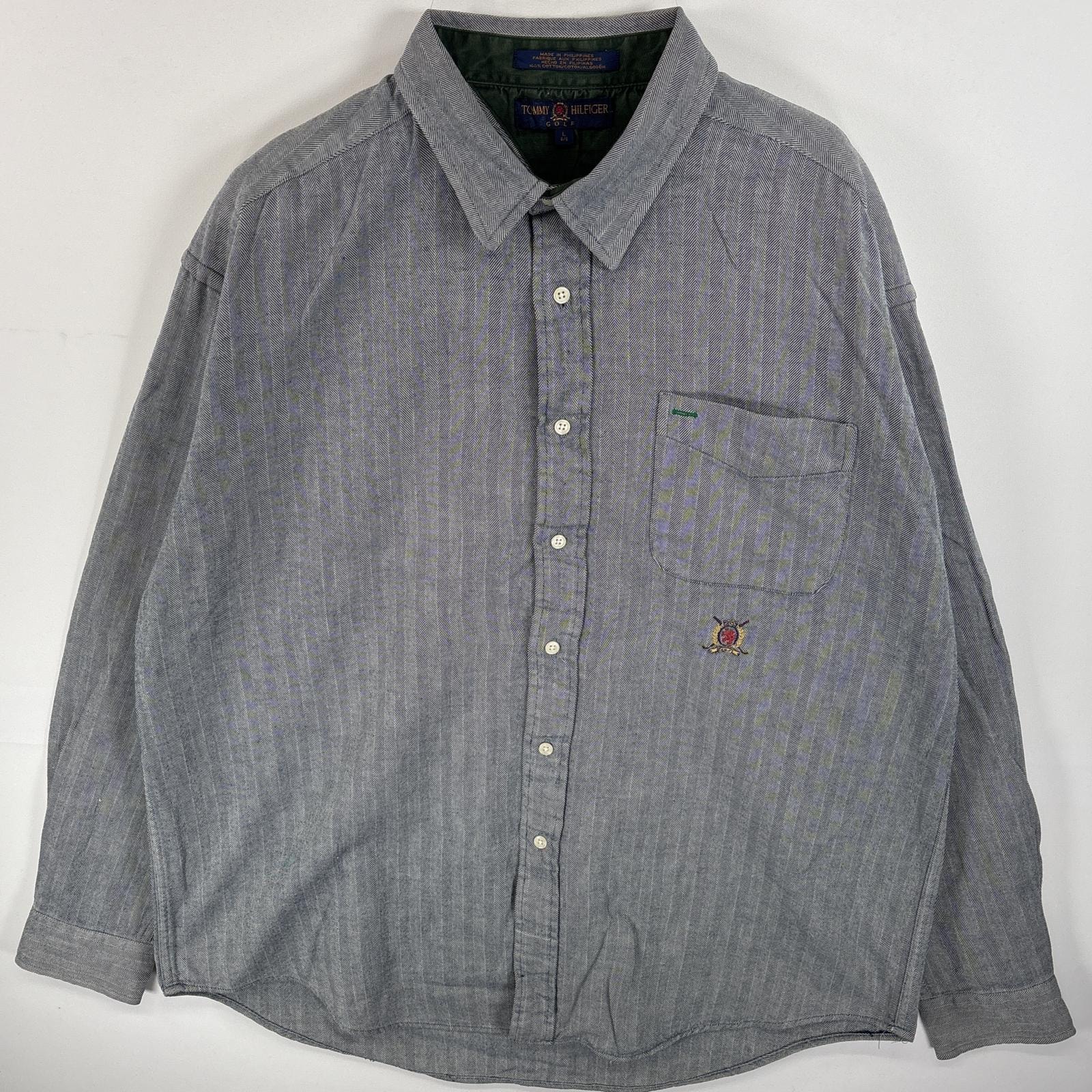 古着 90's/90年代 トミーヒルフィガー TOMMY HILFIGER ヘリンボーン 長袖シャツ 胸ポケ ワンポイント ロゴ 刺繍 L  グレー系 無地 メンズ