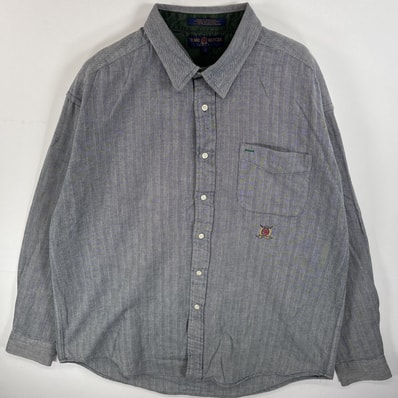 古着 90's/90年代 トミーヒルフィガー TOMMY HILFIGER ヘリンボーン 長袖シャツ 胸ポケ ワンポイント ロゴ 刺繍 L グレー系 無地 メンズ