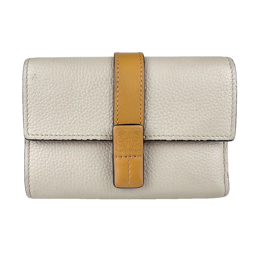 ロエベ LOEWE 三つ折り財布 ヴァーティカル ウォレット スモール レザー ライトグレージュ/ブラウン シルバー レディース【中古】 z9127