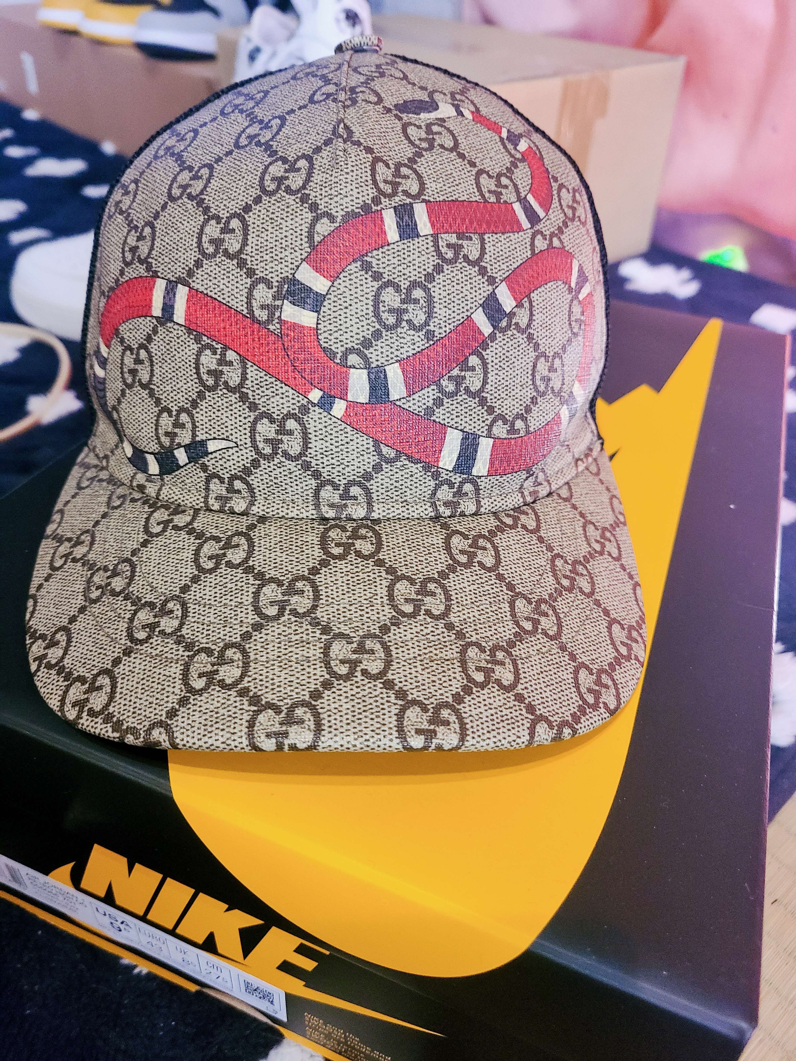 GUCCI Kingsnake Print GG Supreme Baseball Hat "Beige/Ebony"