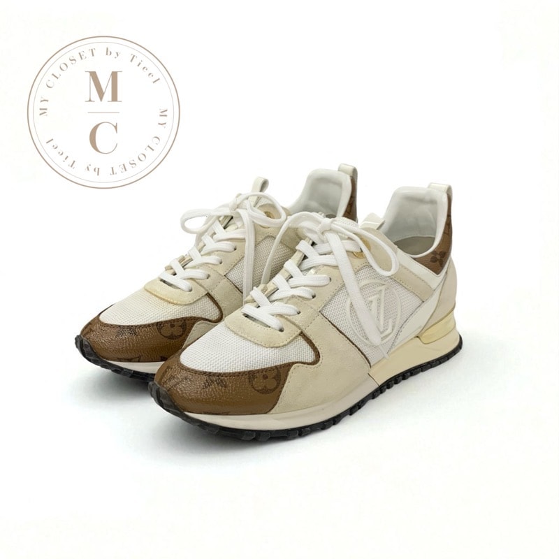 ルイヴィトン LOUIS VUITTON ランアウェイライン モノグラム スニーカー 靴 シューズ レザー ファブリック スエード アイボリー ホワイト ブラウン メッシュ インヒール