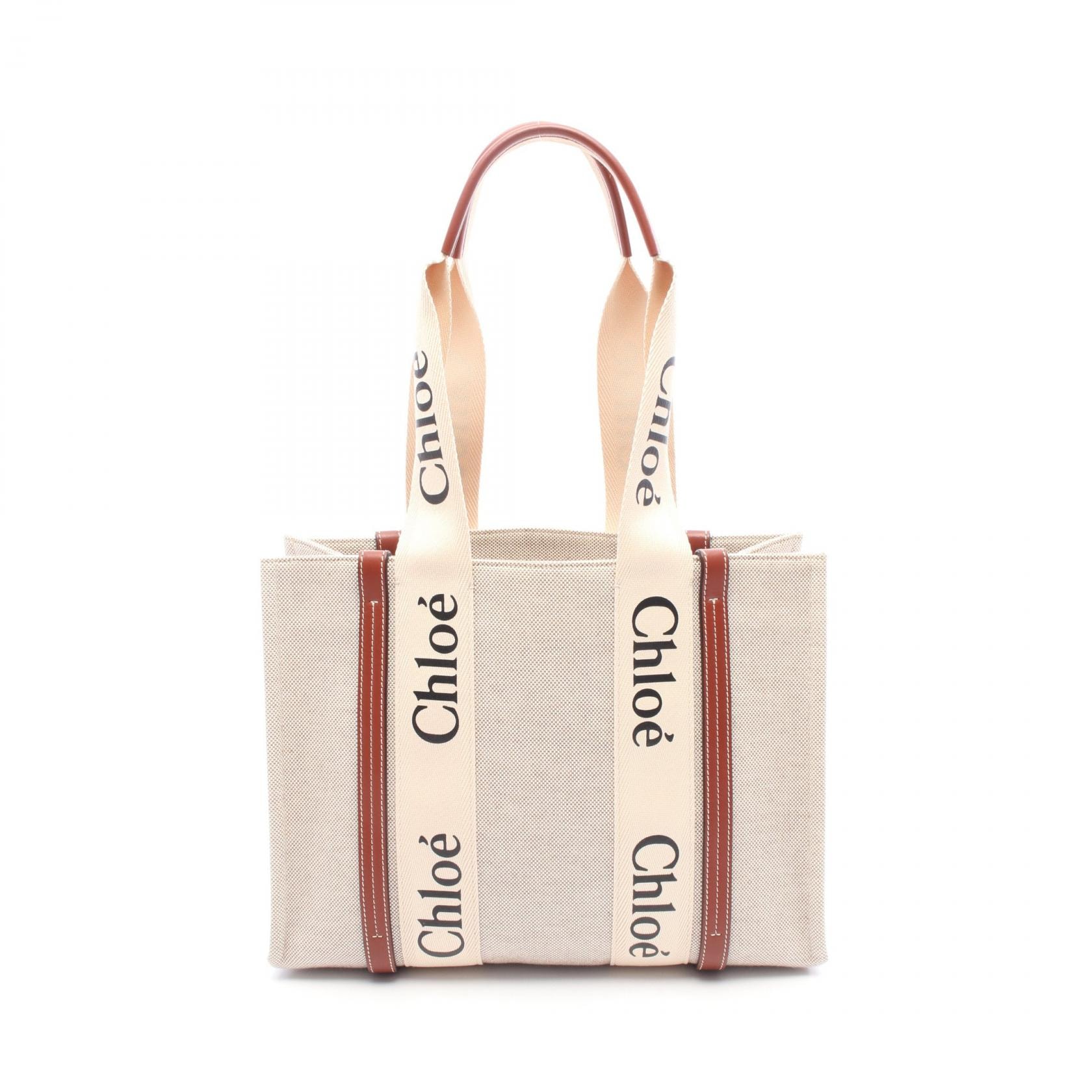 クロエ Chloe WOODY ウッディ ミディアム トート トートバッグ バッグ キャンバス レザー レディース ベージュ系 / ブラウン系 【中古】