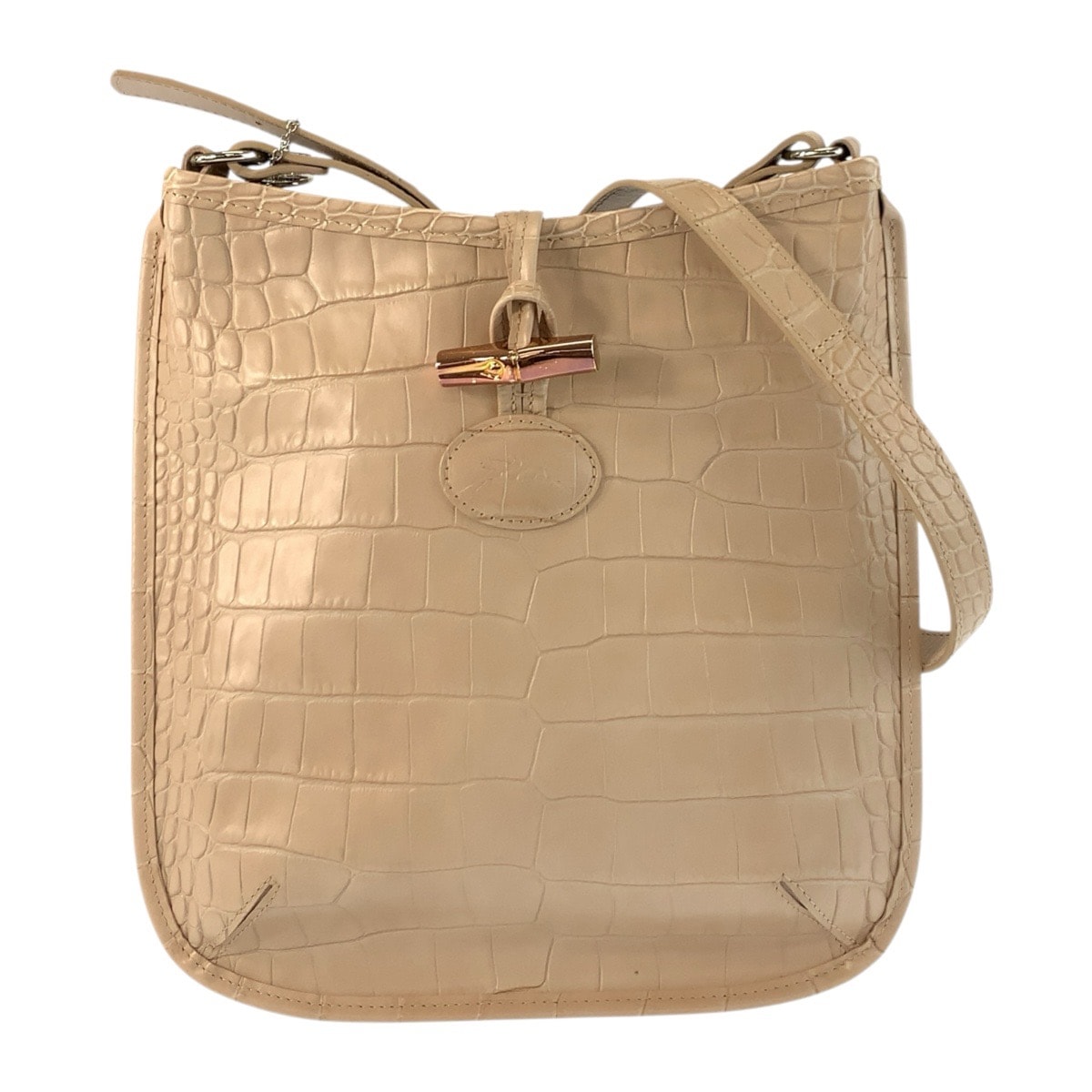 美品 Longchamp ロンシャン 型押し ベージュ レザー ショルダーバッグ ポシェット 602851 【中古】