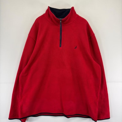 古着 ノーティカ NAUTICA トレーナー ハーフジップ プルオーバー ワンポイントロゴ 刺繍 大きいサイズ フリース 2XL レッド メンズ