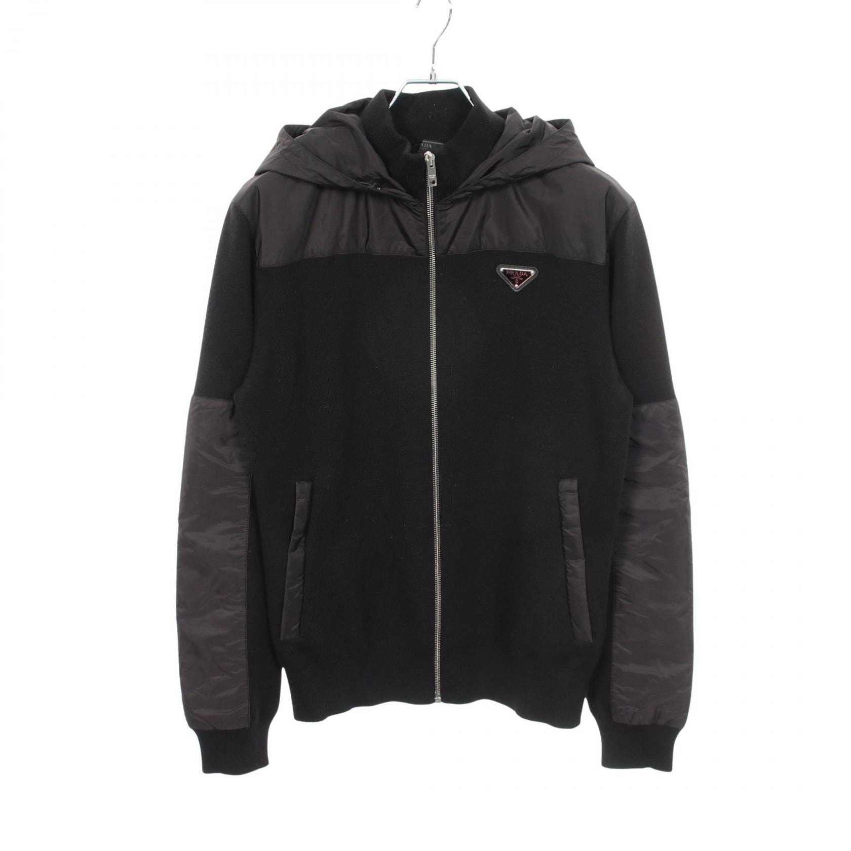 プラダ PRADA 三角ロゴプレート 切替 フード付き 衣料品 アウター ウール ナイロン メンズ ブラック系 UMG107 【中古】