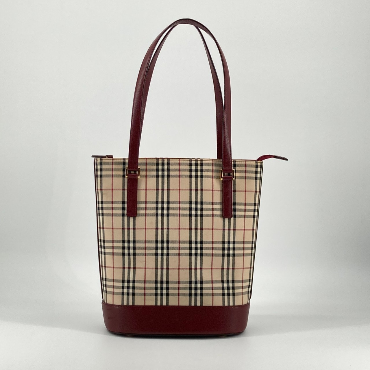 BURBERRY(バーバリー) ノバチェック ボルドーレザー トートバッグ ベージュ×ボルドー