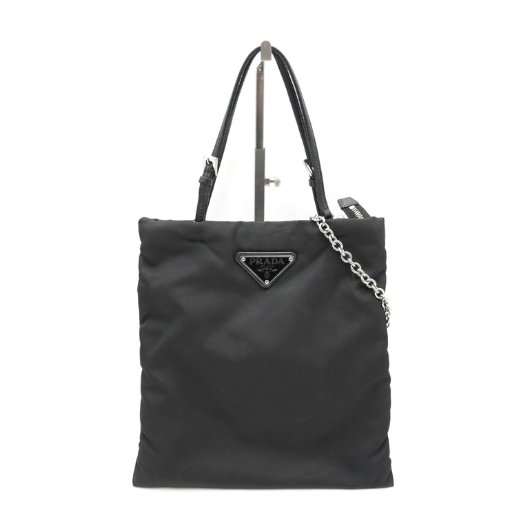 PRADA(プラダ)ヴィンテージ 2WAY トートバッグ ショルダーバッグ ブラック ナイロン レザー チェーン シルバー金具 レディース【中古】
