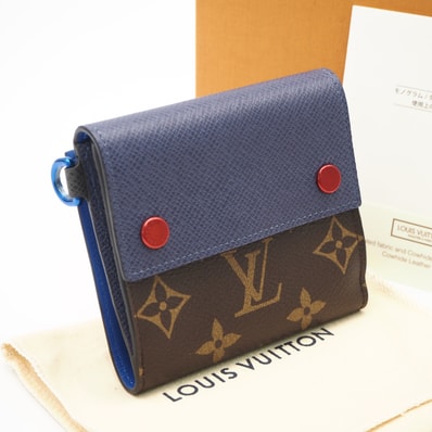 美品 LOUIS VUITTON ルイ・ヴィトン モノグラム タイガ コンパクトウォレット M63041 二つ折り財布 ブラウン ベージュ ブルー コーティングキャンバス カーフレザー メンズ