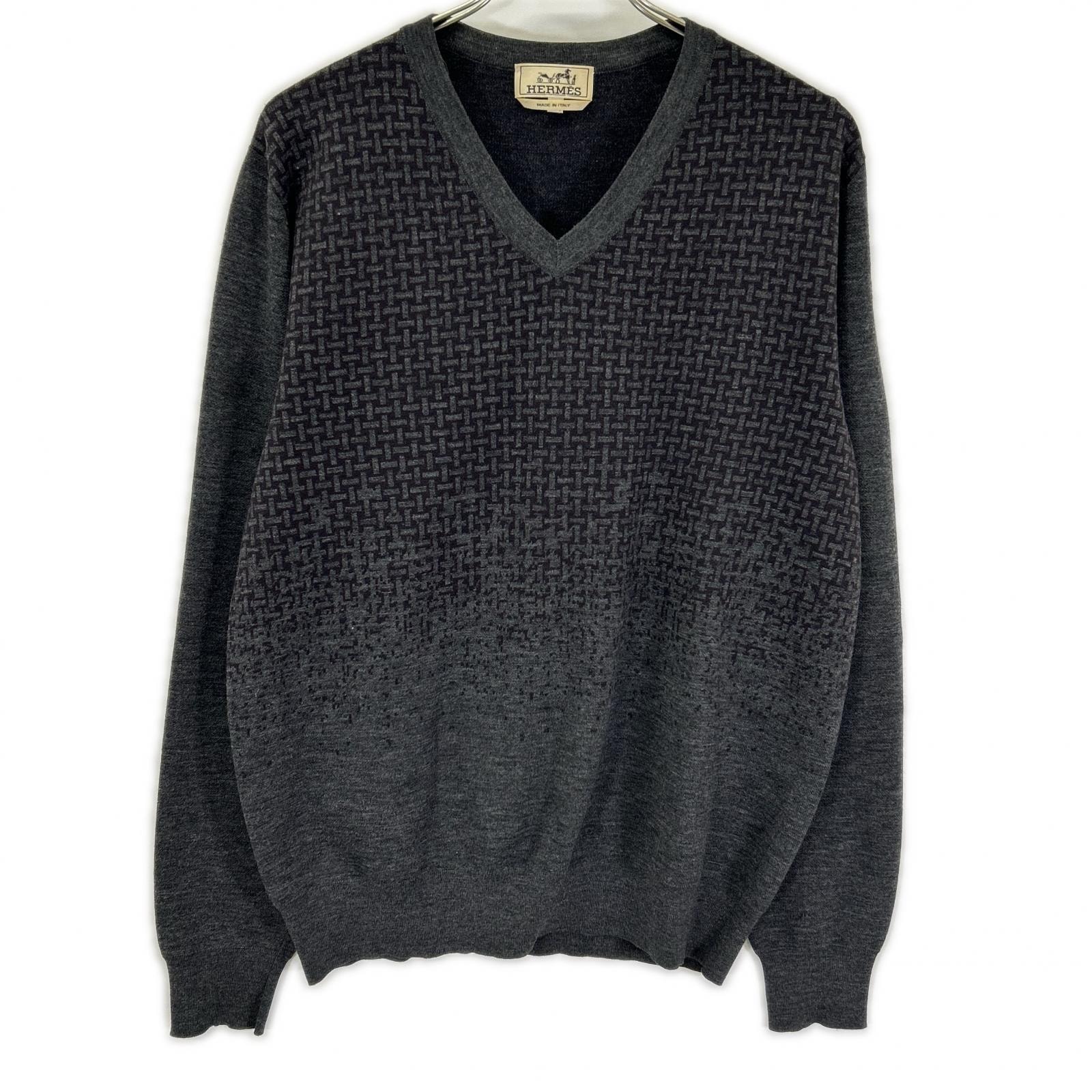 エルメス ウール 格子 グラデーションデザイン Vネック ニット L