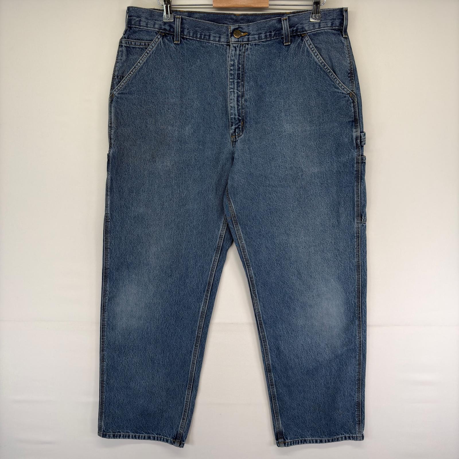 古着 カーハート Carhartt デニム パンツ ハンマーループ ジッパーフライ ワンポイントロゴ スパナポケット  ブルー系 メンズ