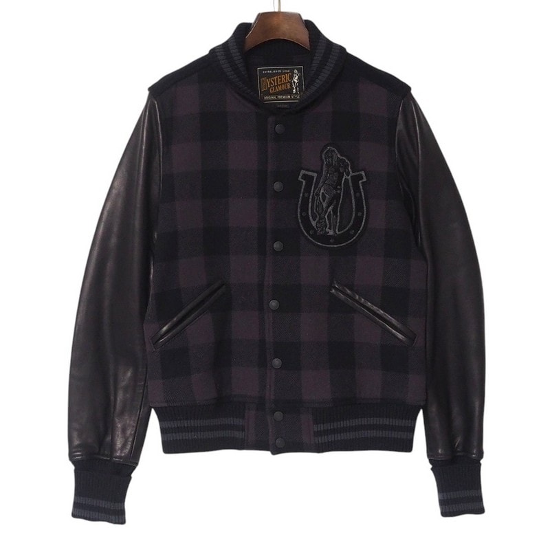 ■美品■HYSTERIC GLAMOUR ヒステリックグラマー スタジャン サイズMedium ジャケット チェック柄 袖革 ロゴボタン ブランド古着【中古】20250225/RA3544