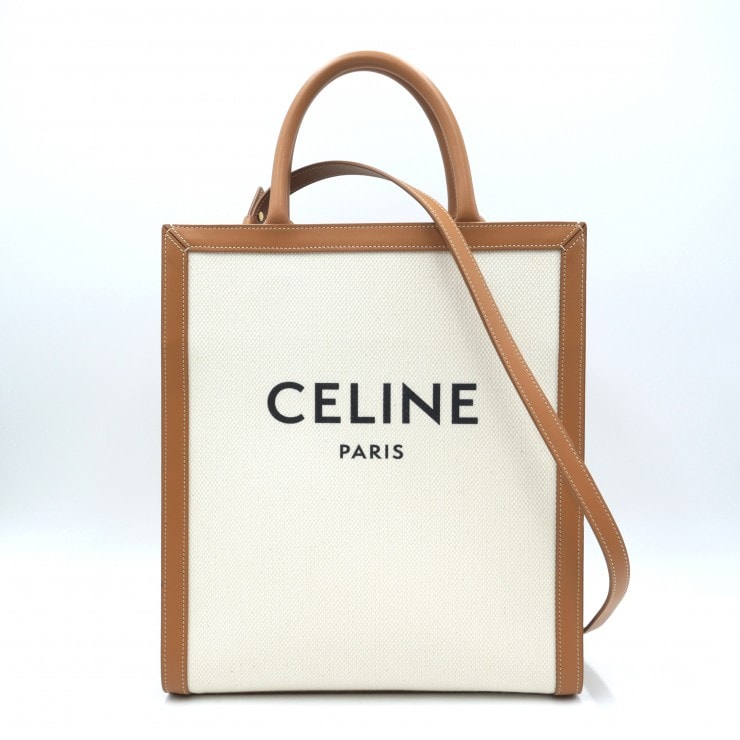 CELINE(セリーヌ)バーティカル カバ スモール トートバッグ ショルダーバッグ キャンバス レザー ホワイト ブラウン 2WAY レディース 【中古】