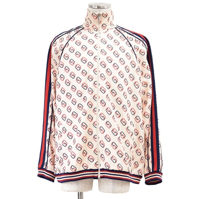 【美品】GUCCI グッチ ブルゾン ジャージー GGロゴ インターロッキング モノグラム ウェブストライプ シャリーライン トラックジャケット ポリ / コットン メンズ サイズ M ライトベージュ イタリア製