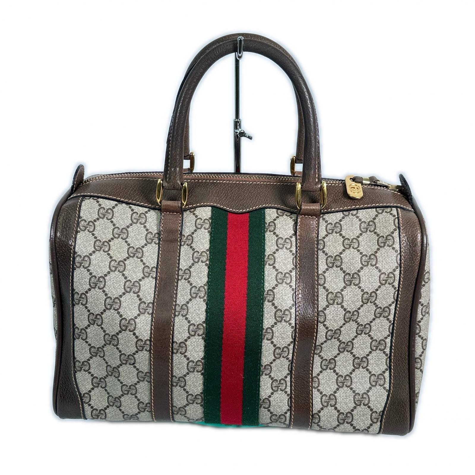 GUCCI グッチ ミニボストンバッグ シェリーライン ヴィンテージ ベージュ レッド グリーン PVCコーティングキャンバス レディース
