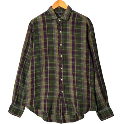 古着 ラルフローレン Ralph Lauren POLO RALPH LAUREN チェック柄 長袖 ワイドカラー リネンシャツ メンズL相当/eaa584642