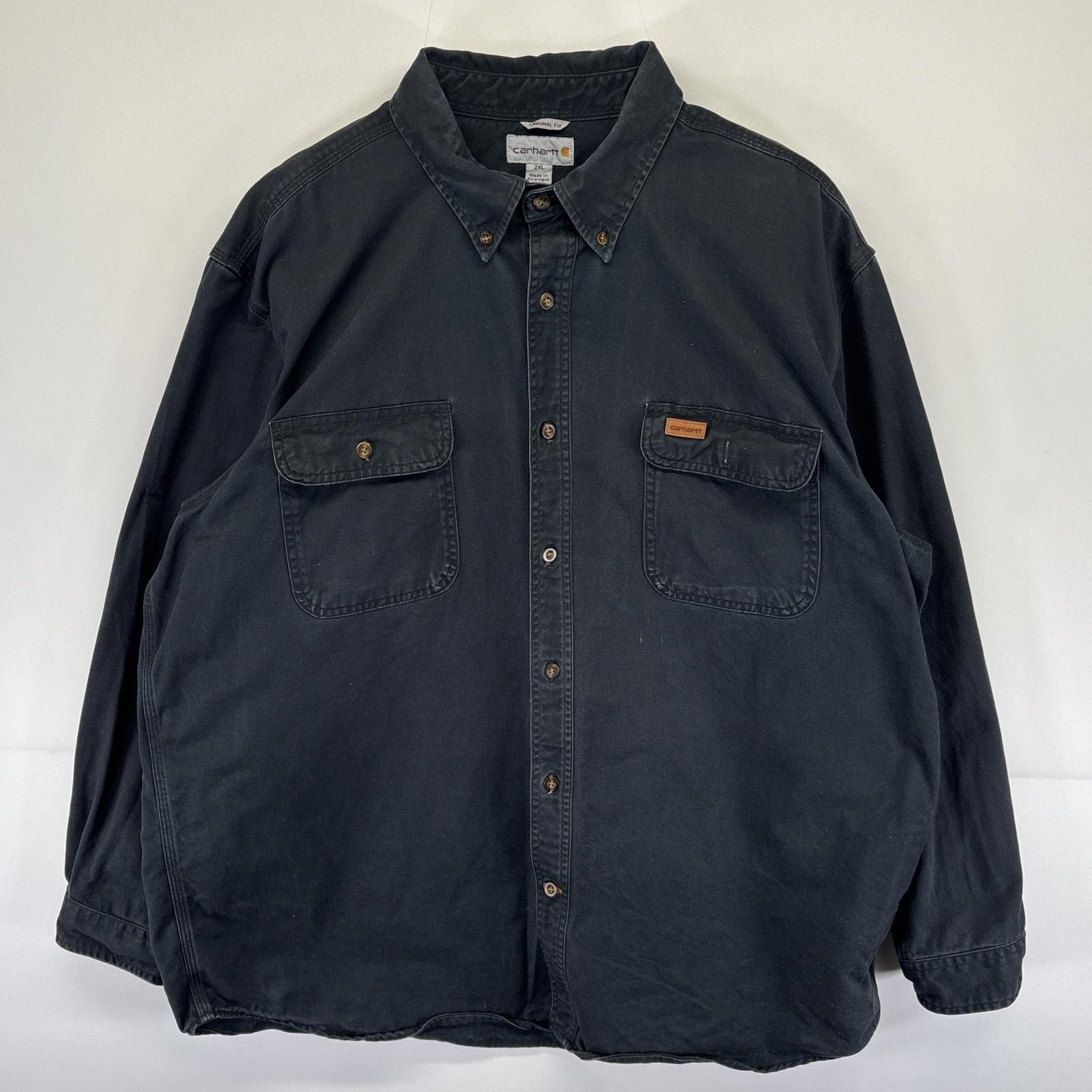 古着 カーハート Carhartt 長袖 ワークシャツ ワンポイントロゴ ボタンダウン 胸ポケット 大きいサイズ 14041  ブラック メンズ