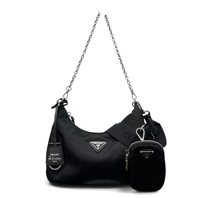PRADA 極美品 プラダ Re-Edition 2005 リエディション RE-NYLON リナイロン 2way チェーン ショルダーバッグ 1BH204 RFID確認済 ナイロン レザー ブラック トライアングルロゴ 三角プレート Aランク 鑑定済 中古
