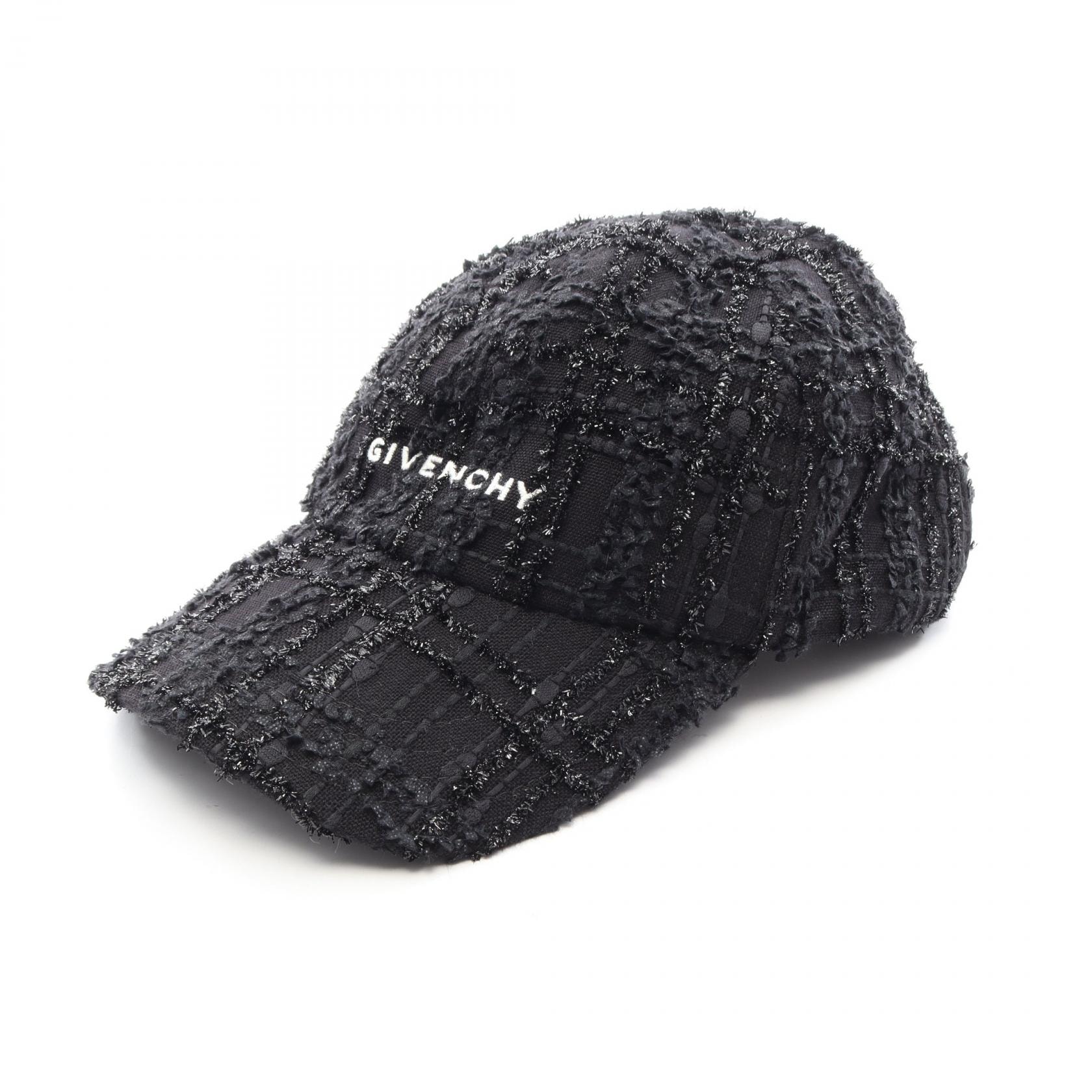 ジバンシィ GIVENCHY ロゴ刺繍 ツイード キャップ 帽子 コットン レディース ブラック系 【中古】
