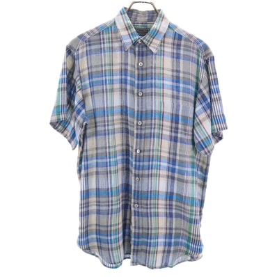 Christian Dior MONSIEUR クリスチャンディオール ムッシュ 90s リネン オールド チェック柄 半袖 シャツ L ブルー系