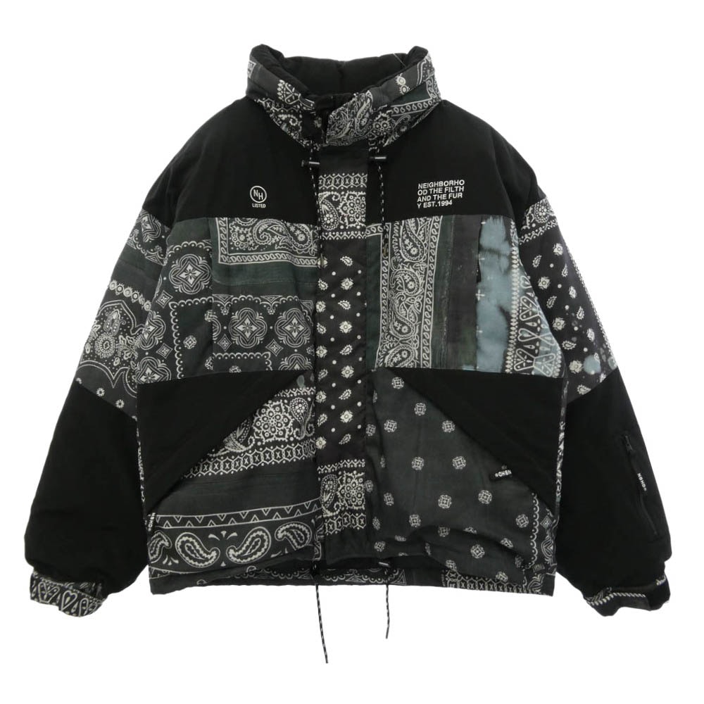 NEIGHBORHOOD ネイバーフッド 21AW 212TSNH-JKM11 BANDANA CHOPPED DOWN E-JKT 総柄 バンダナ チョップド ロゴ刺繍 アウター ダウンジャケット ブラック系 XL【中古】