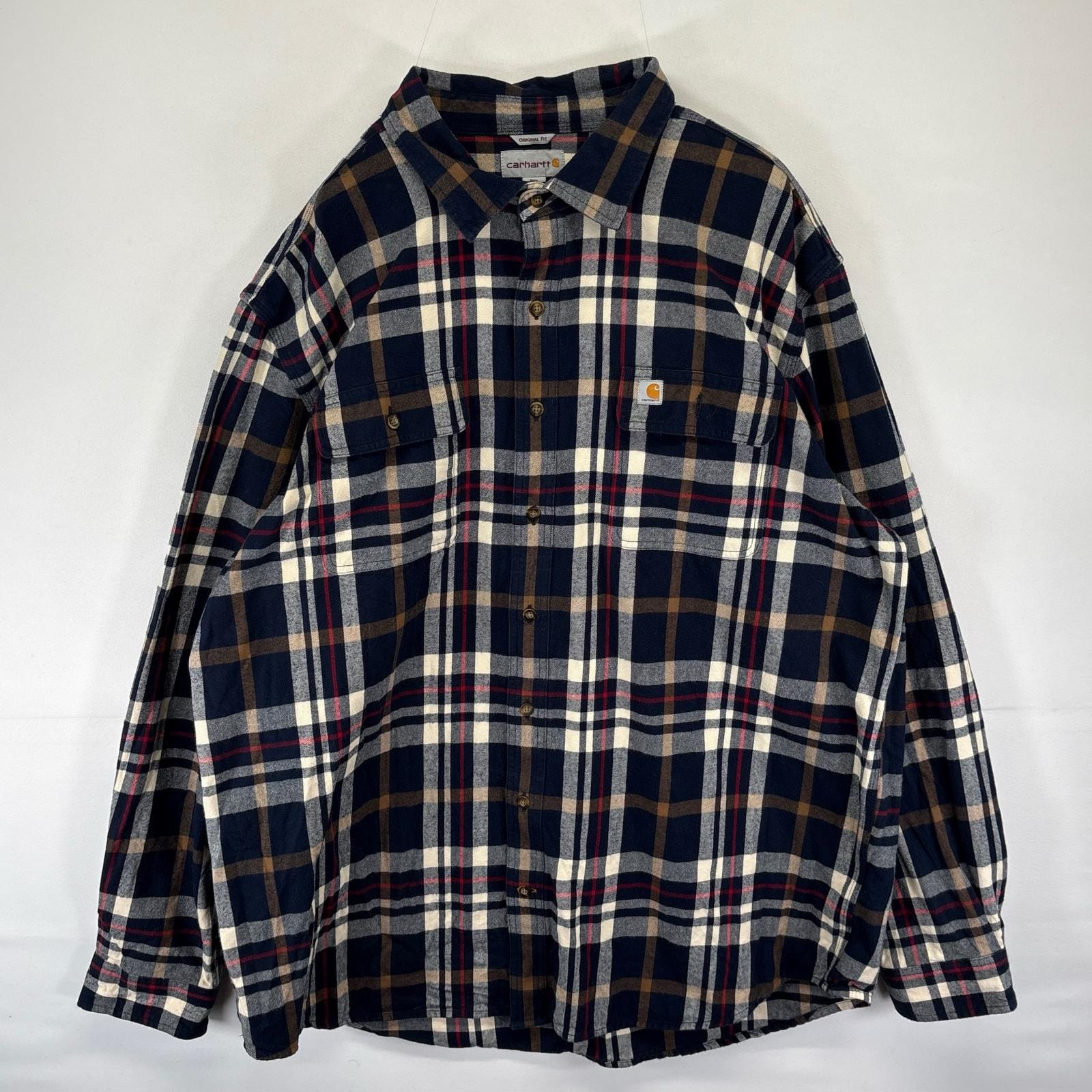 古着 カーハート Carhartt 長袖シャツ ワンポイントロゴ 胸ポケット ネルシャツ 大きいサイズ 2XL マルチカラー チェック メンズ