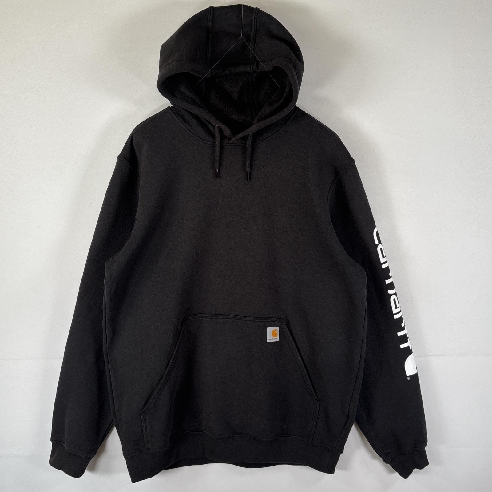 古着 カーハート Carhartt パーカー スウェット プルオーバー 袖ロゴプリント フーディ ワンポイント L ブラック メンズ