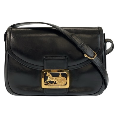 CELINE セリーヌ 馬車金具 ブラック 黒 ゴールド金具 レザー ショルダーバッグ 601415 【中古】