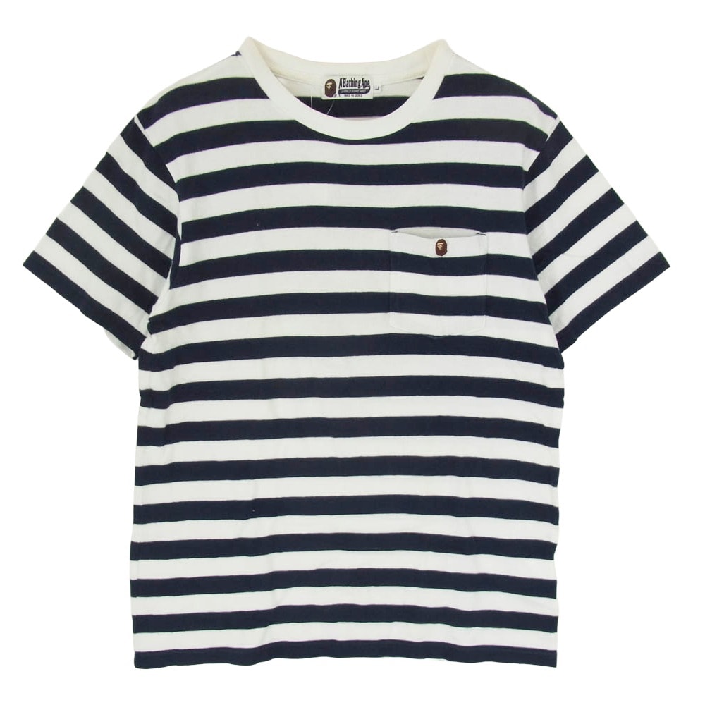 A BATHING APE アベイシングエイプ Tシャツ ボーダー ワッペン ポケット 半袖 Tシャツ ネイビー系 L【中古】