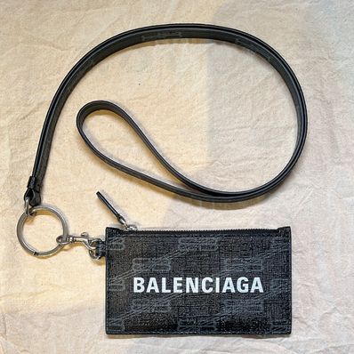 BALENCIAGA Signature Card Case On Keychain BB Monogram Coated Canvas "Black/Grey"