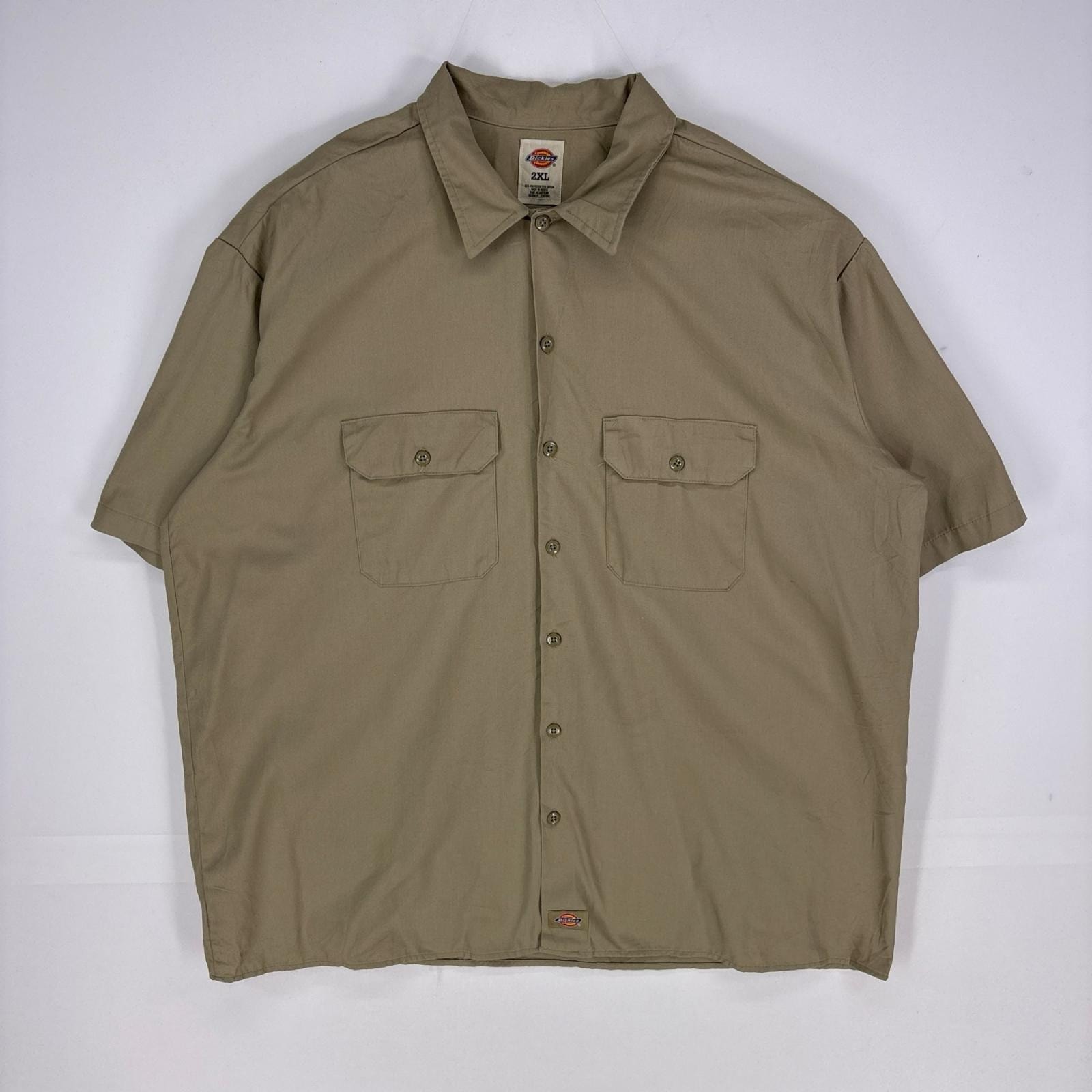 古着 ディッキーズ Dickies 半袖シャツ ワーク 胸ポケット ショートスリーブ 大きいサイズ 2XL  ベージュ系 無地 メンズ