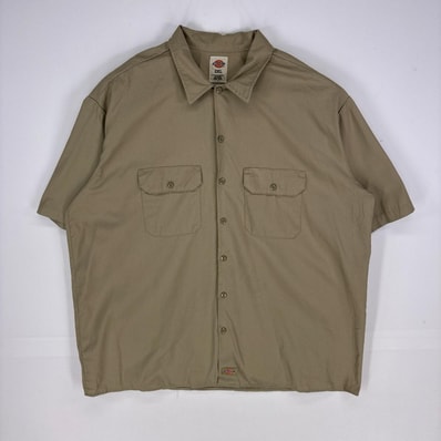 古着 ディッキーズ Dickies 半袖シャツ ワーク 胸ポケット ショートスリーブ 大きいサイズ 2XL ベージュ系 無地 メンズ