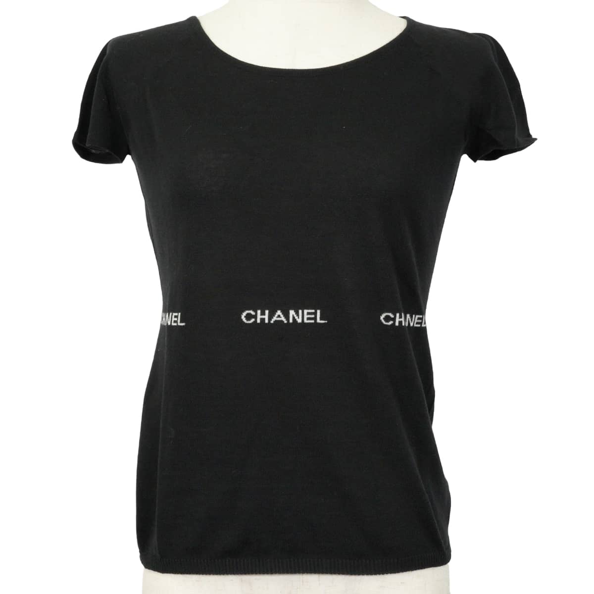 2004年春夏 CHANEL シャネル ニット 半袖 トップス ロゴ 黒 (ブラック) コットン #38 P23133 新品同様【中古】