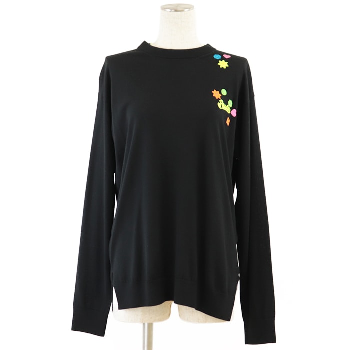 美品 ロエベ Paula's Ibiza ハイゲージ ネオンカラー刺繍 ニット レディース ブラック ネオンイエロー S LOEWE