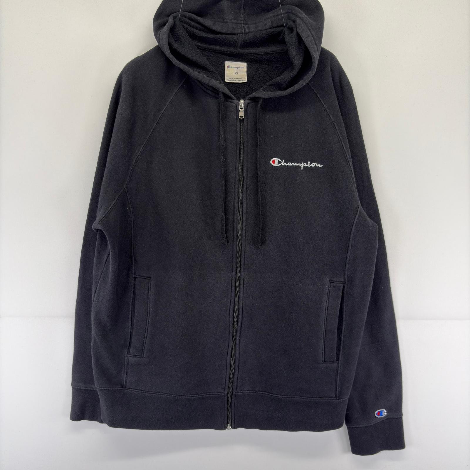 古着 チャンピオン Champion パーカー スウェット フルジップ ワンポイントロゴ刺繍 L  ブラック メンズ