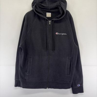 古着 チャンピオン Champion パーカー スウェット フルジップ ワンポイントロゴ刺繍 L ブラック メンズ