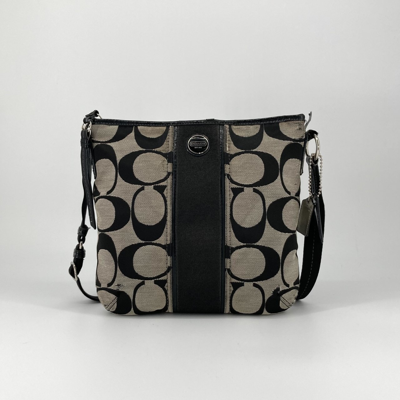 COACH(コーチ) シグネチャー ストライプ ダッフル レザー ショルダーバッグ ブラック×グレー