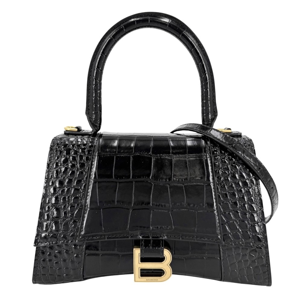 BALENCIAGA バレンシアガ 2WAY アワーグラス スモール ハンドバッグ ショルダーバッグ 肩掛け 斜め掛け HOURGLASS クロコ型押し トップハンドル 593546 レザー    ブラック 黒 アンティークゴールド金具 レディース【中古品】